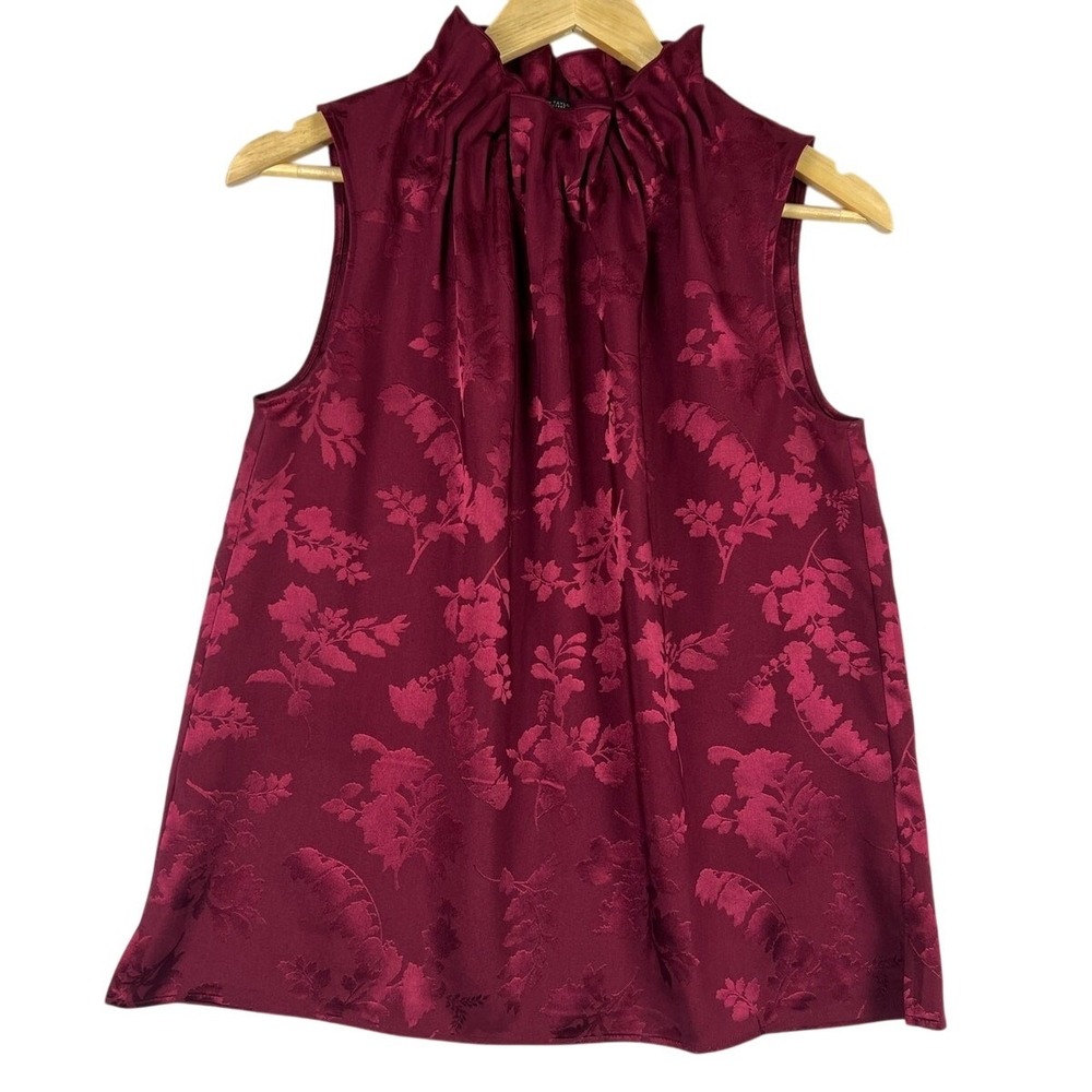 Ann Taylor Womens Small Blouse Burgundy Floral Ruffle Neck Top Office Dark Corp